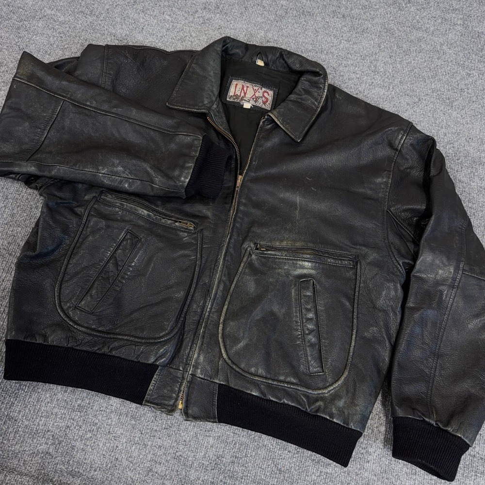 Vintage INXS Leather Jacket Men Large Bomber Black Distressed Moto Motorcycle